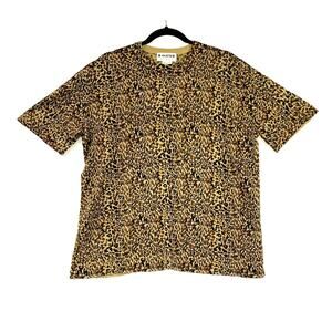 Joan Leslie Top Womens 1X Brown Black Leopard Print Short Sleeve Vintage Acrylic